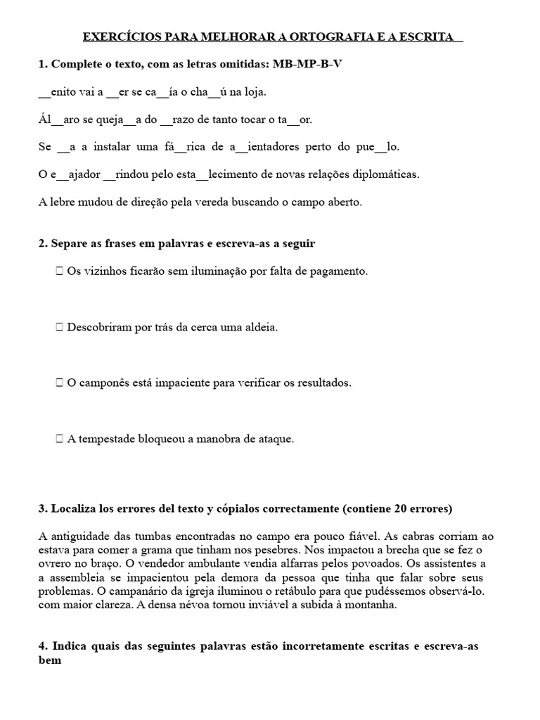 Exercícios para Melhorar Ortografia e Escrita | PDF