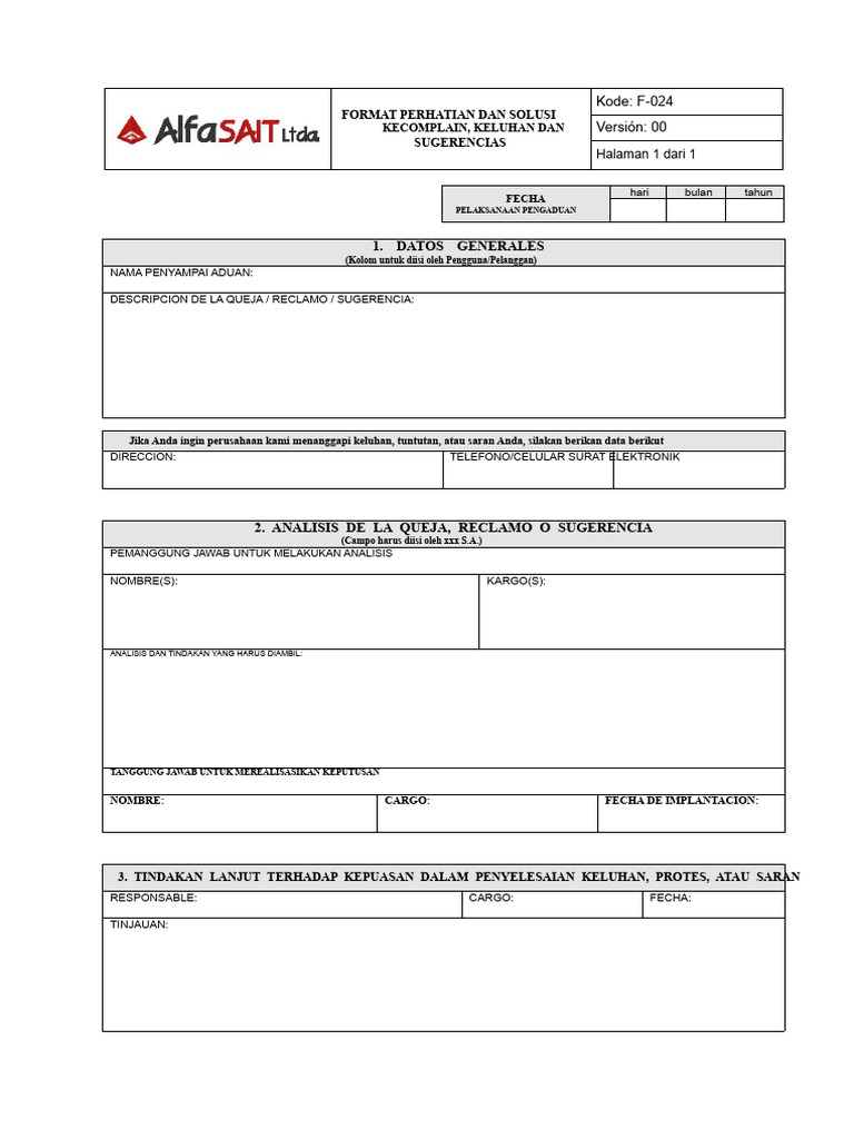 F-024 Format Perhatian Dan Penyelesaian Keluhan | PDF