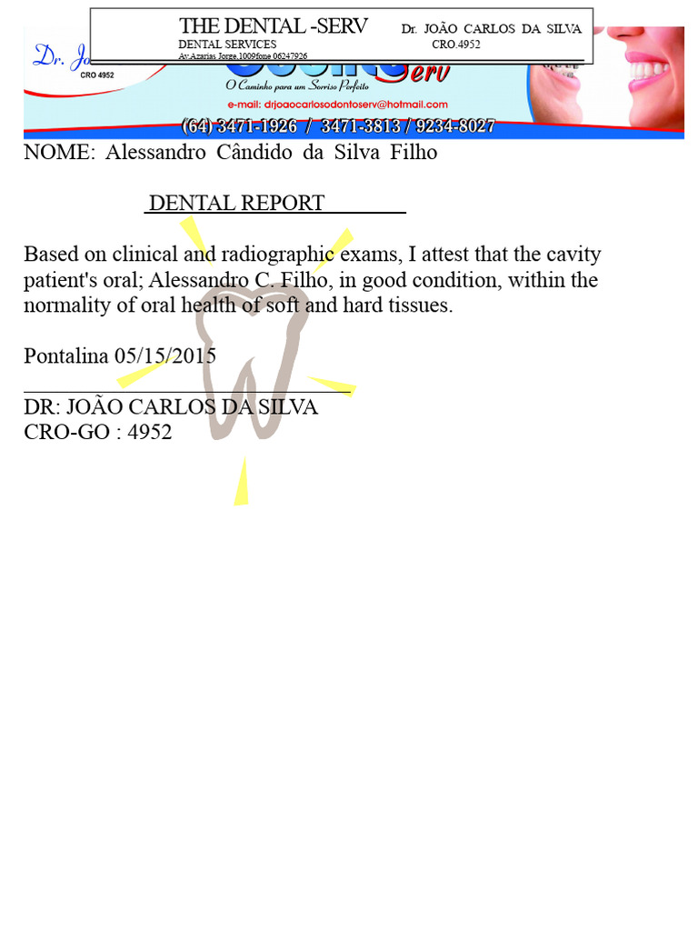 Dental Report for Alessandro C. Filho | PDF