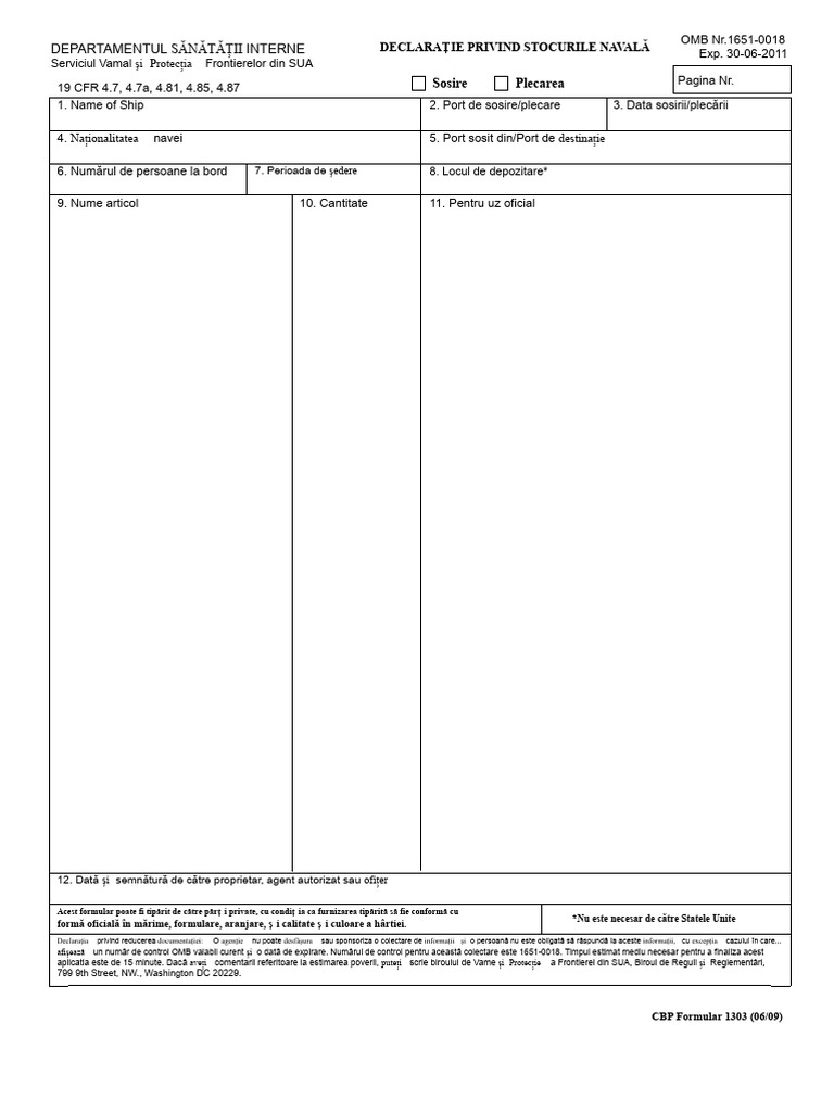 Formularul Vamal Al SUA: Formular CBP 1303 - Declarația Magazinelor ...