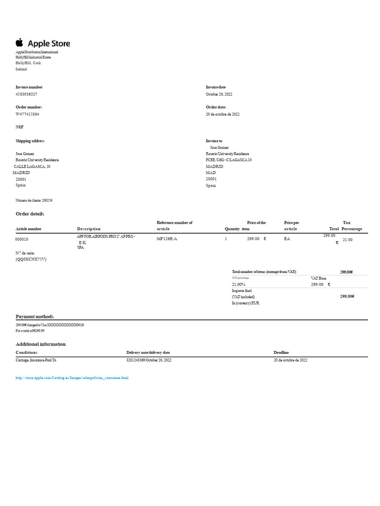 Apple Invoice for AirPods Pro Purchase | PDF | Invoice | Value Added Tax