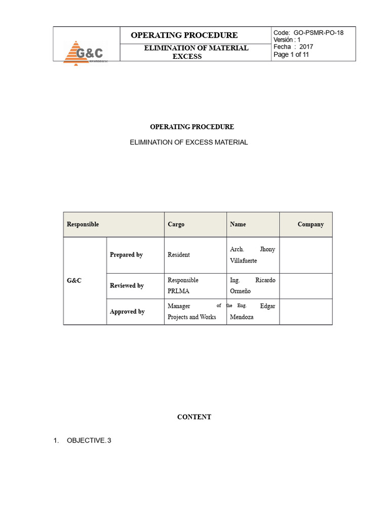 Excess Material Elimination Procedure | PDF | Occupational Safety And ...