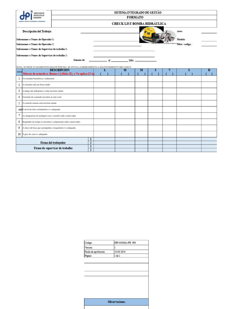 Checklist para Bomba Hidráulica | PDF