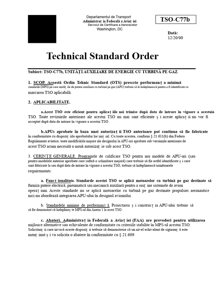 Standard Tehnic Ordin Turbină Cu Gaz APU PDF | PDF