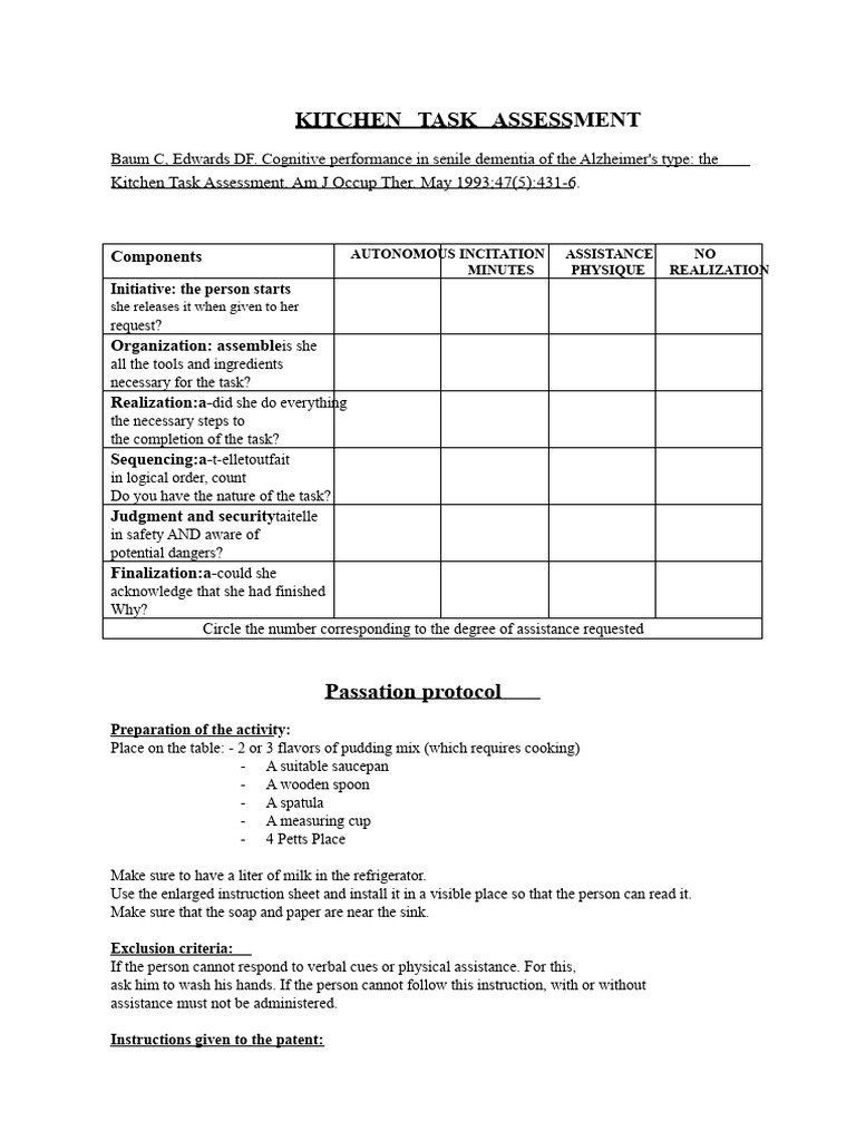 Kitchen Task Assessment for Dementia Care | PDF | Pudding | Cognition