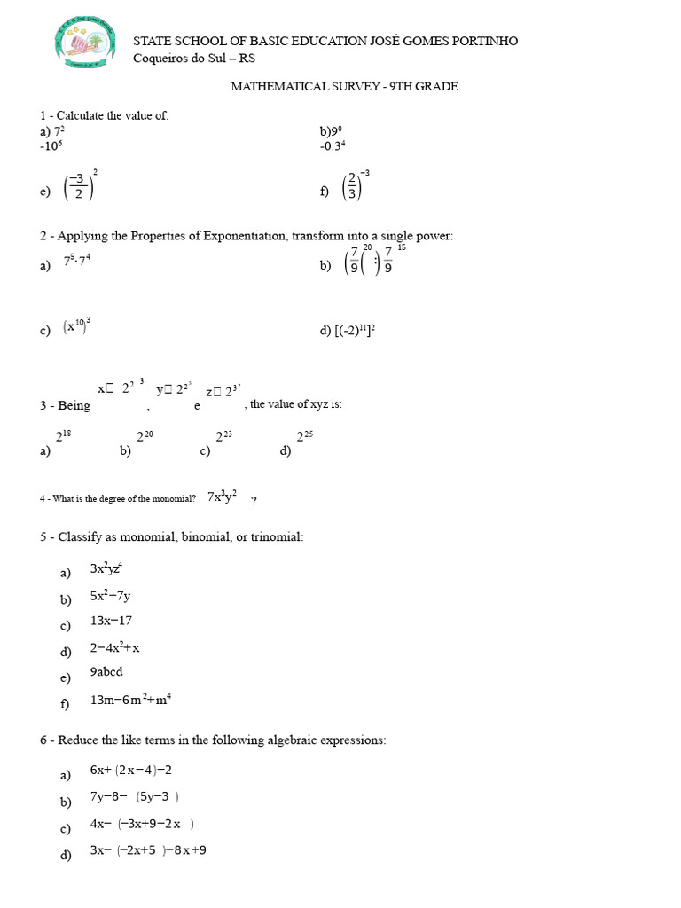 9th Grade Math Survey Questions | PDF | Mathematics | Geometry