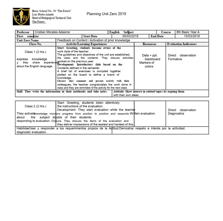 Planning Unit ZERO of English 8th Basic | PDF | Educational Assessment ...