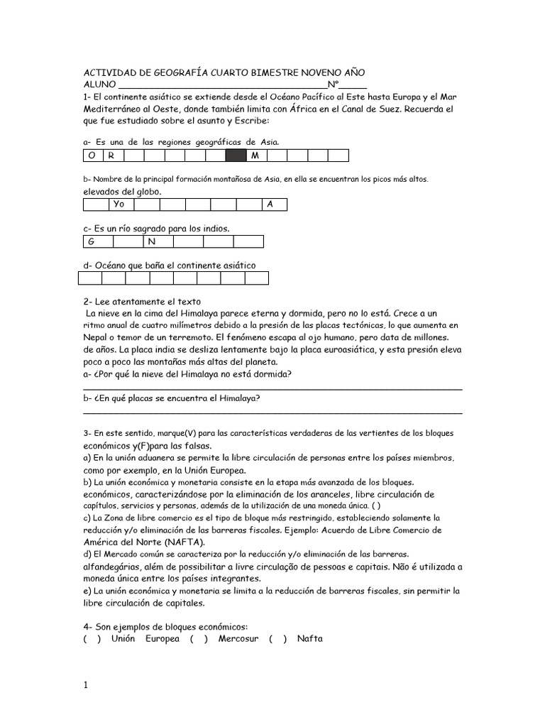 Actividad de Geografía Cuarto Bimestre Noveno Año | PDF | Asia | Himalaya