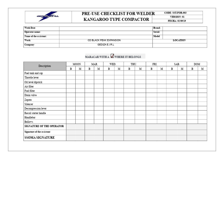 SST For 003 Preoperational Checklist For Kangaroo Type Roller or ...