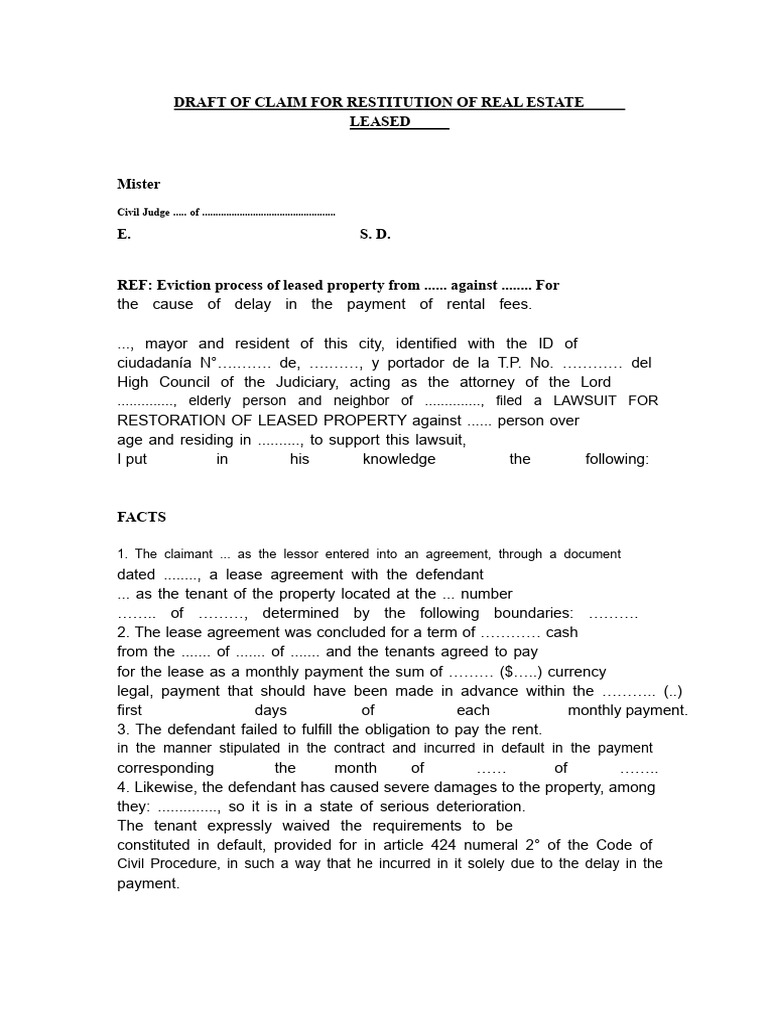 Minutes Demand For Restitution of Leased Property PDF Lease