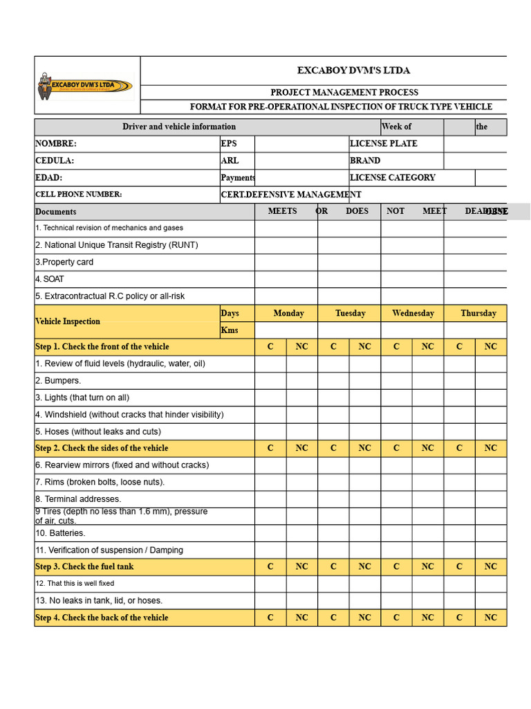 Truck Pre-Operational Inspection Checklist | PDF | Truck | Car Body Styles