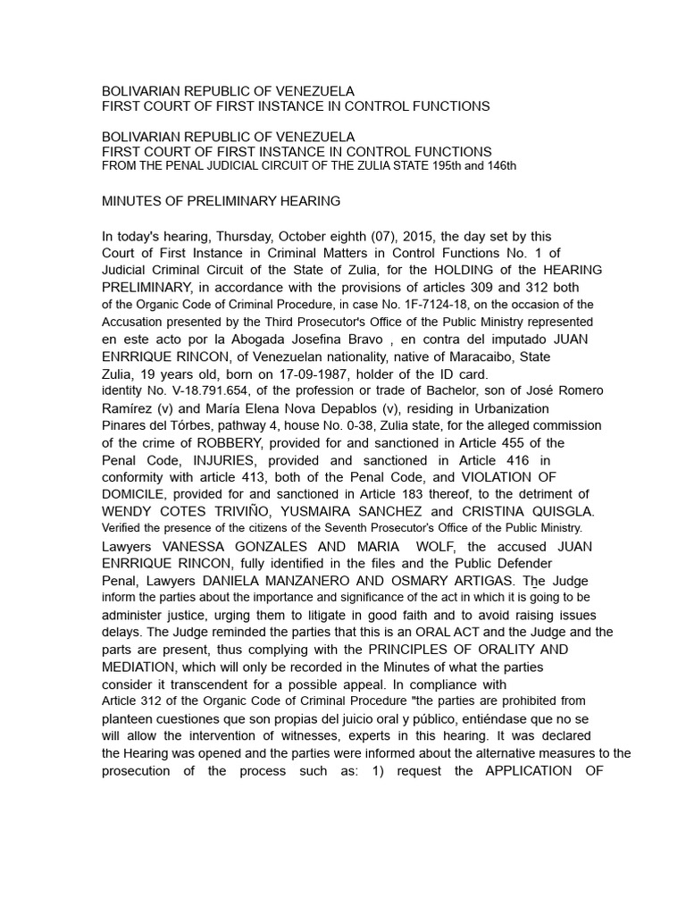 Preliminary Hearing Minutes: Juan Rincon Case | PDF | Prosecutor | Crimes