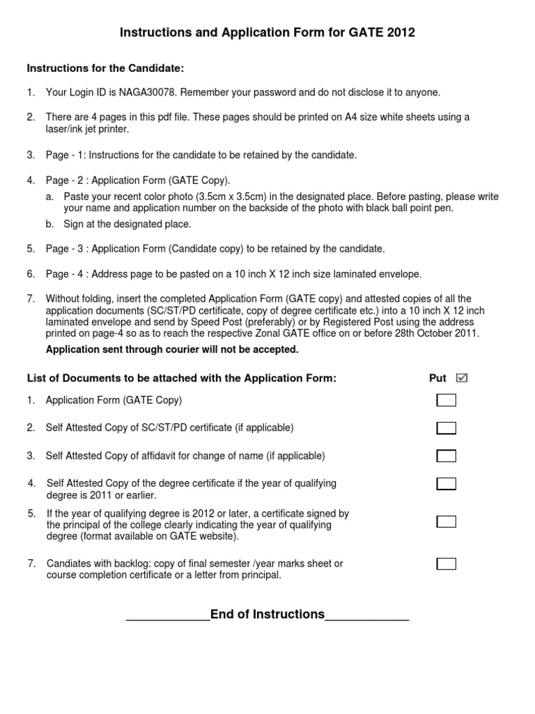 GATE 2012 Application Instructions | PDF