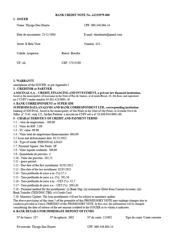 Bank Credit Note for Personal Loan | PDF | Promissory Note | Debt