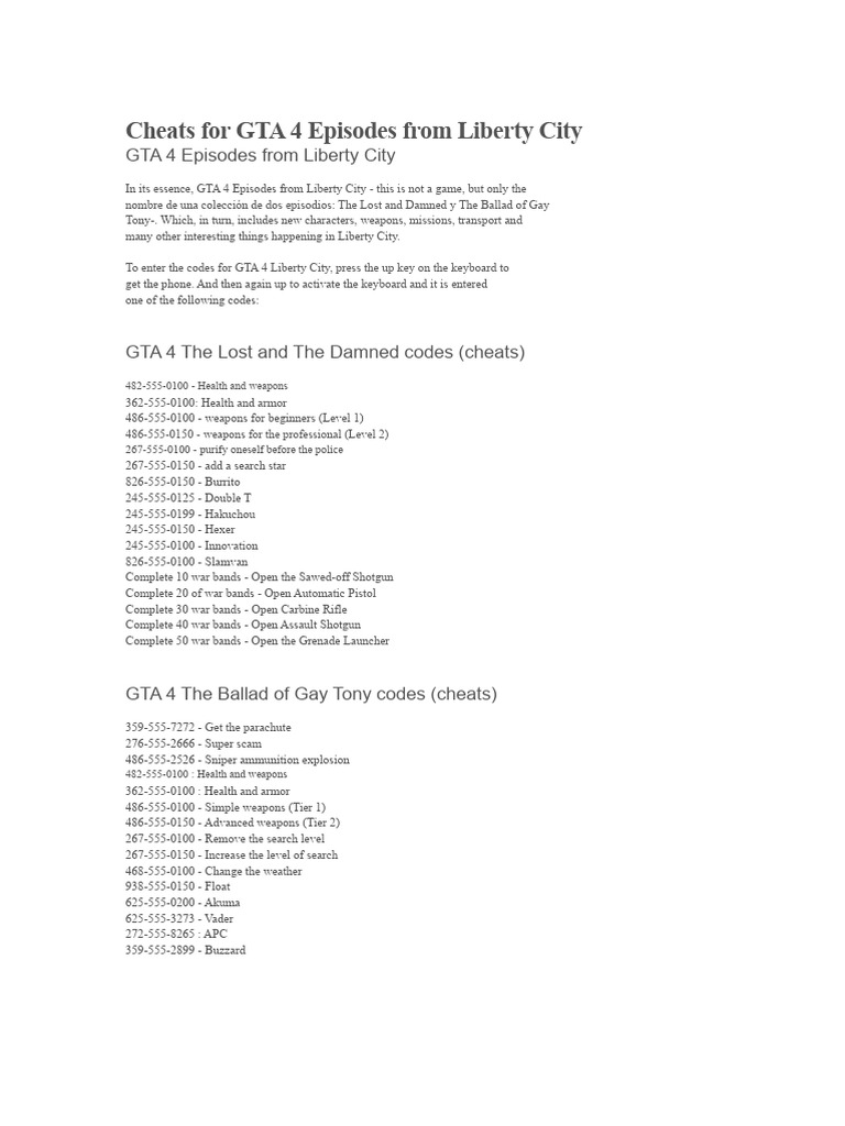 GTA 4 Liberty City Cheat Codes Guide | PDF