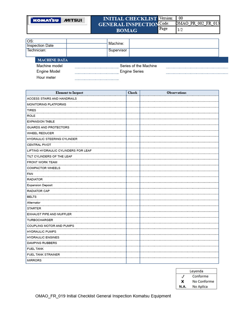 Initial Checklist General Inspection - Bomag | PDF