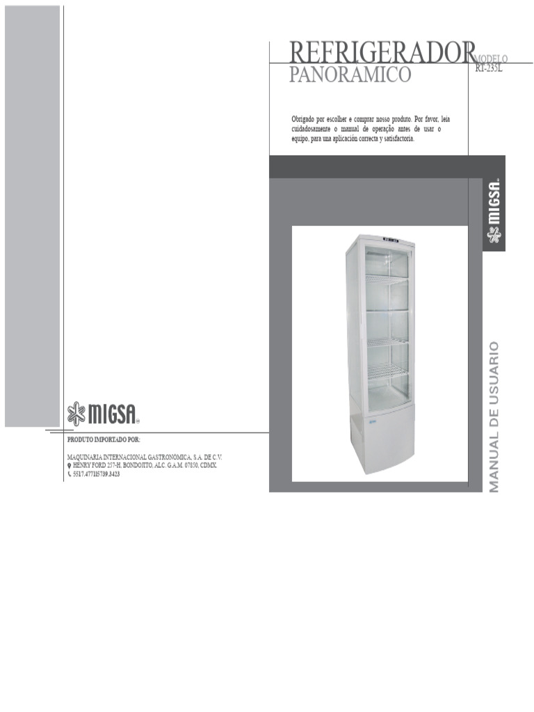 Manual Do Usuário Migsa RT 235L Refrigerador de Exibição Panorâmica 1 ...