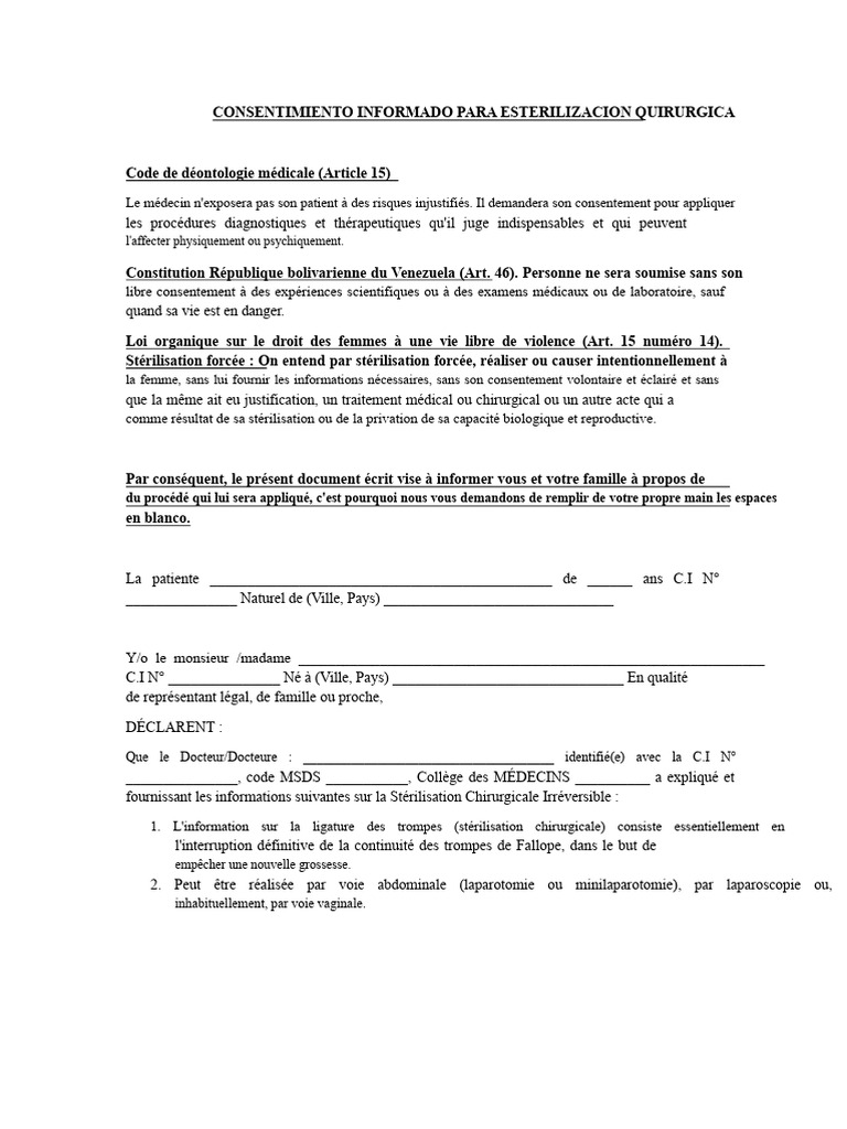 Consentement pour Stérilisation Chirurgicale | PDF | Consentement ...