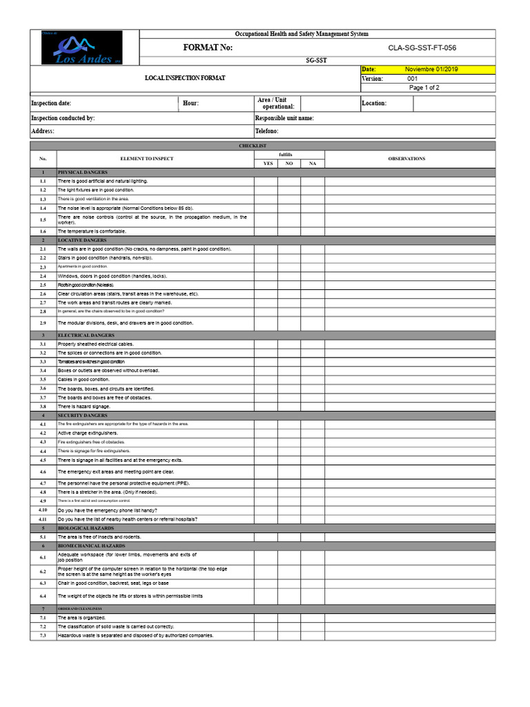 Occupational Health Safety Inspection Checklist | PDF | Occupational ...