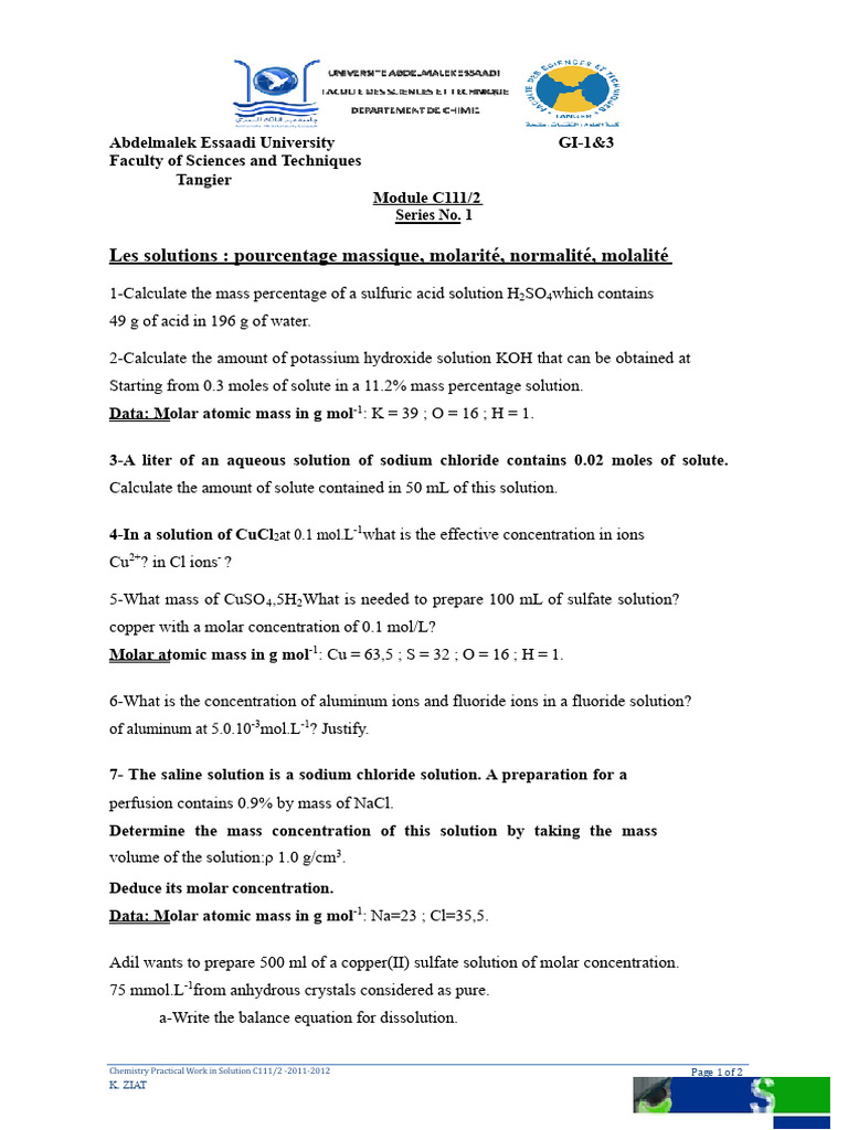 TD 1 With Corrected Solutions For Solution Chemistry | PDF | Mole (Unit ...
