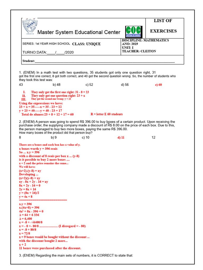 Activity MAT01 1styear SetProblems2020 | PDF | Numbers | Mathematics