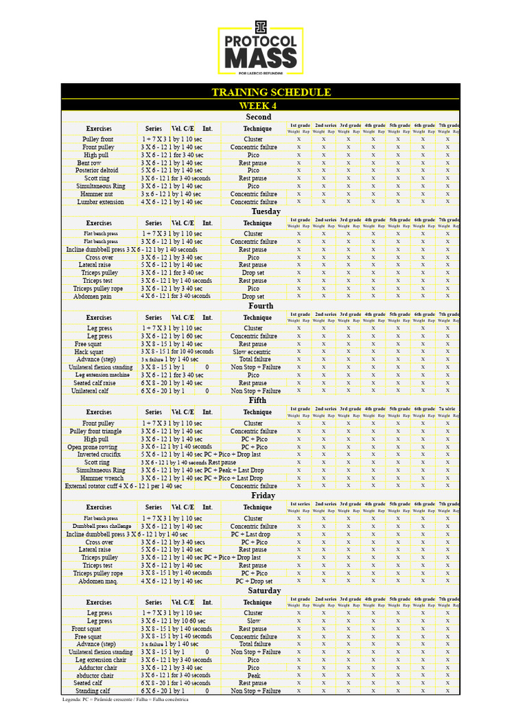 Training Week 4 - Mass Protocol | PDF | Strength Training | Physical ...