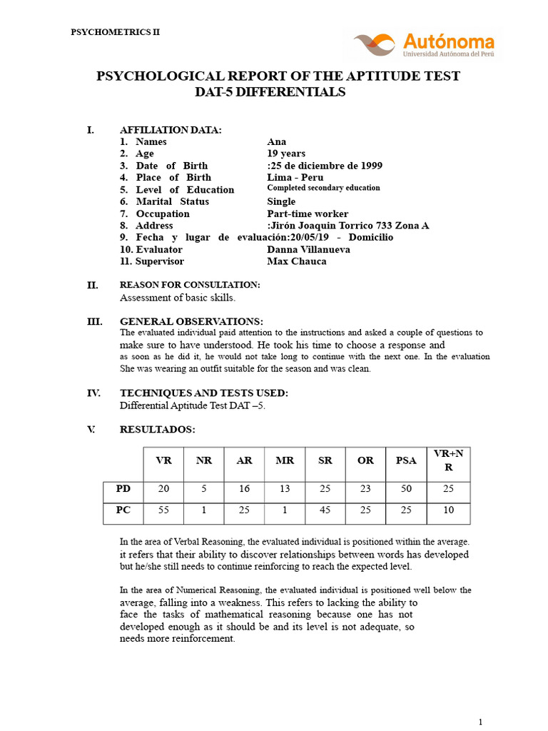 Aptitude Test Report for Ana, 19 | PDF | Reason | Cognitive Science