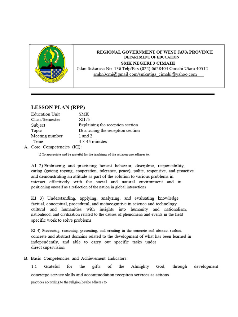 Reception Section Lesson Plan for SMK | PDF