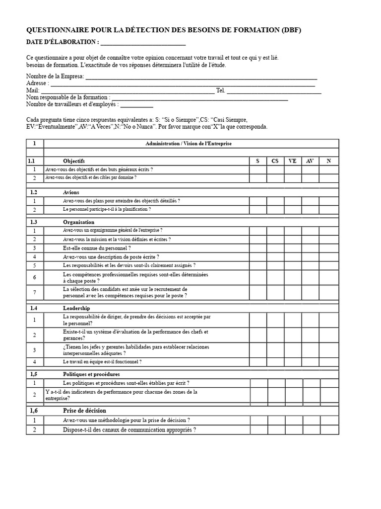 Questionnaire de Détection des Besoins de Formation | PDF | Gestion des ...