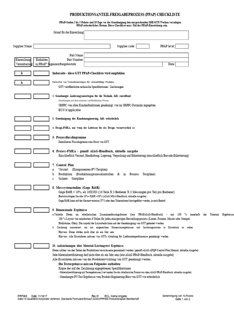 PPAP Checkliste | PDF