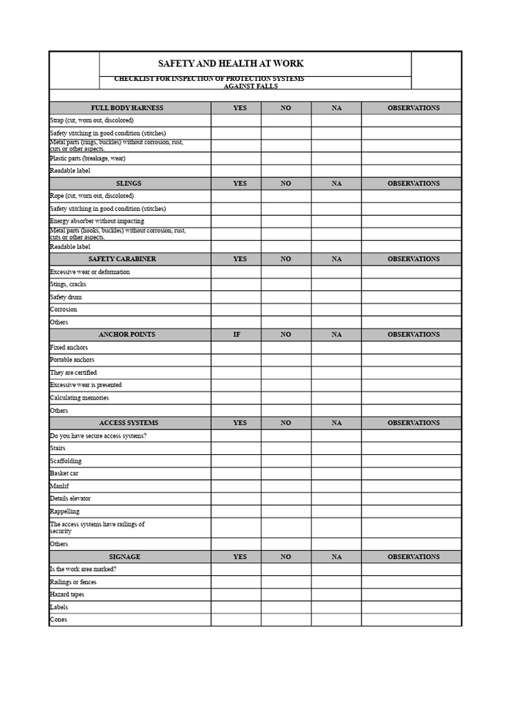 Fall Protection Systems Inspection Checklist | PDF
