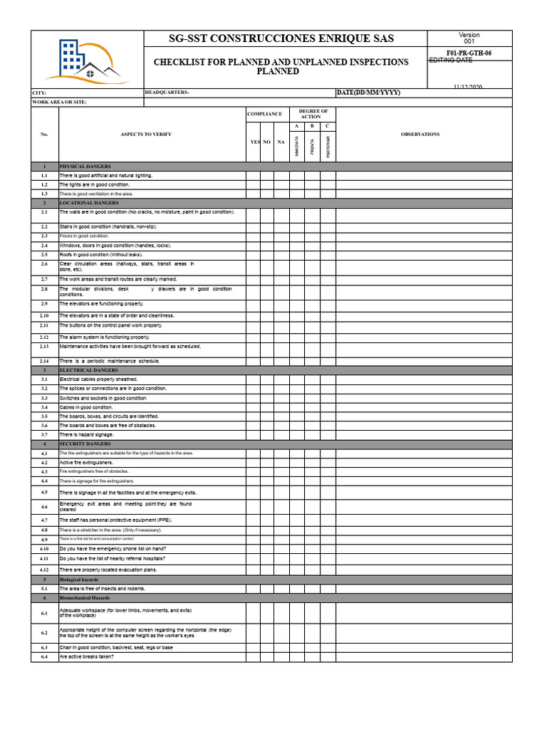Checklist Format For Planned Inspections | PDF | Occupational Safety ...