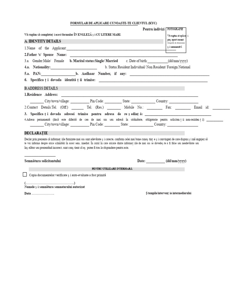 Microsoft Word Formular de Aplicare KYC - doc.PDF Individual | PDF