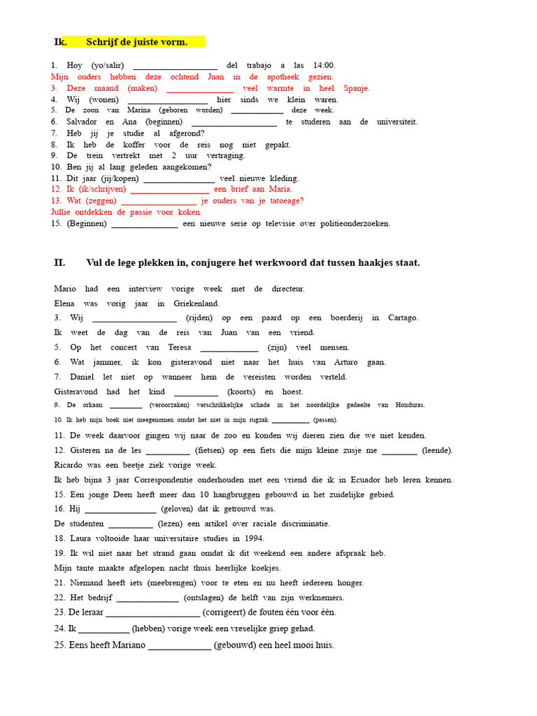 Perfecte Verleden Tijd Oefeningen | PDF