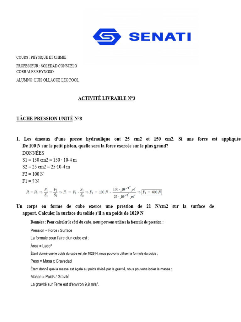 Calculs de pression en physique et chimie | PDF