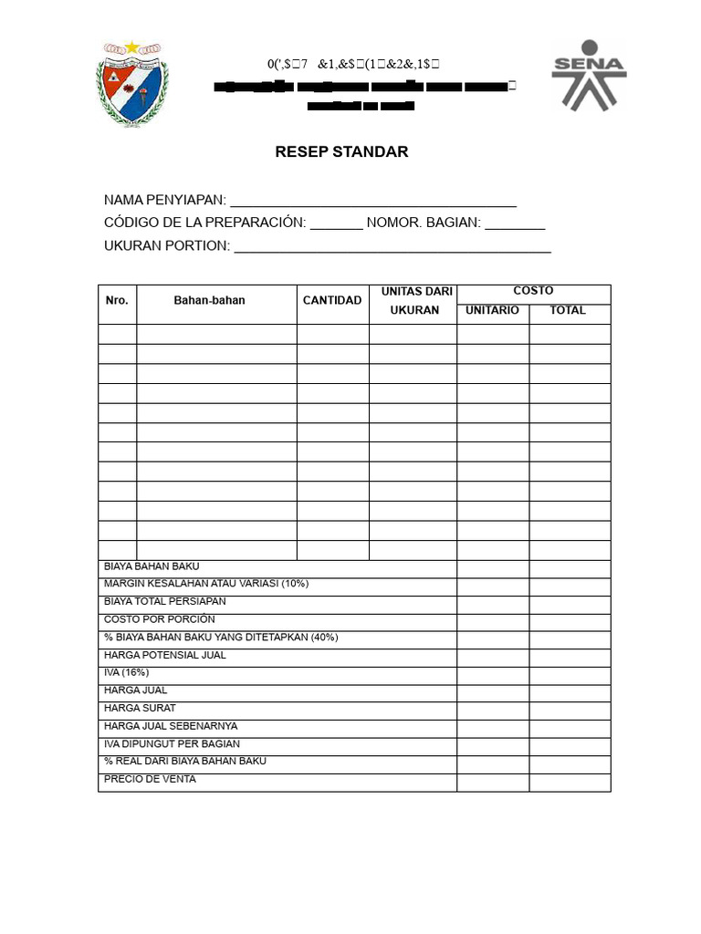 Resep Standar dan Analisis Biaya | PDF