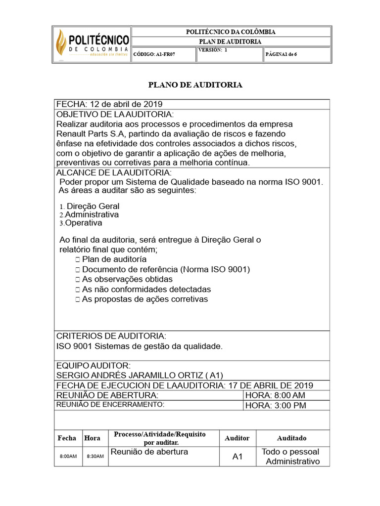 Modelo - Plano de Auditoria | PDF | Business
