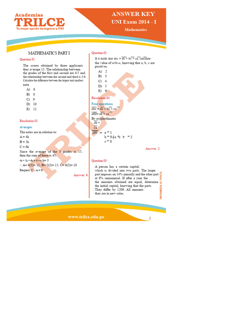 UNI 2014 Mathematics Exam Solutions | PDF | Area | Fineness