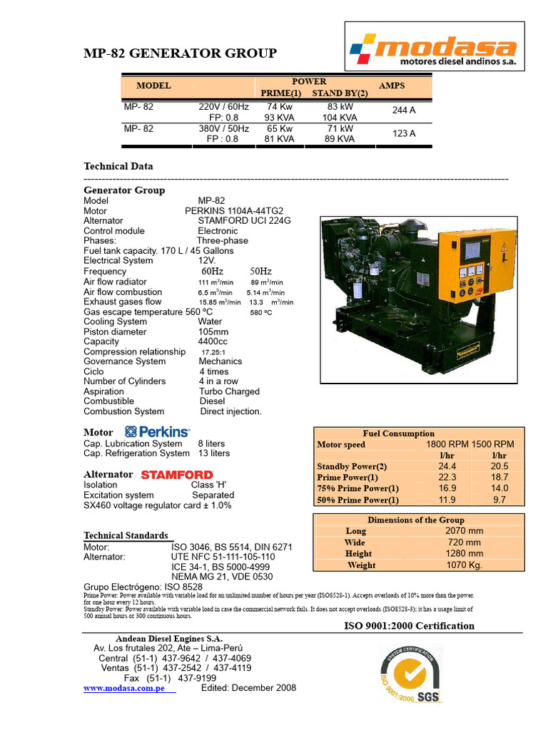 100kw Modasa MP-82 Generator Set | PDF | Engines | Diesel Engine