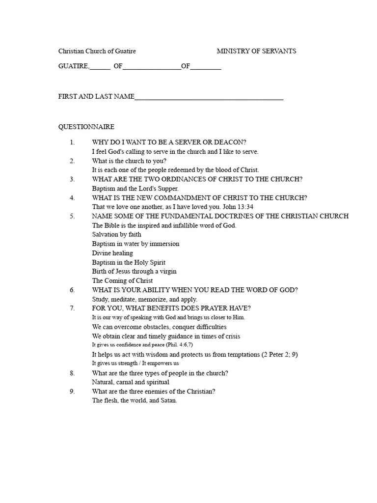 Guatire Church Deacon Questionnaire | PDF | Baptism | Christian Church