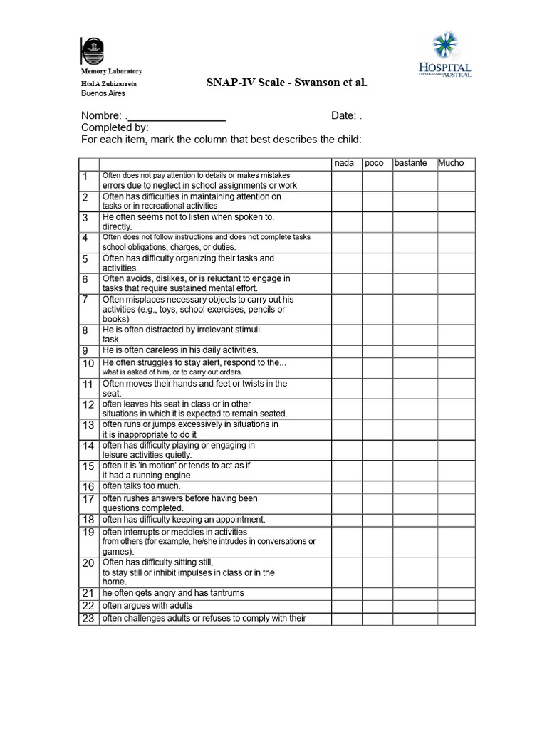 SNAP-IV Scale ADHD Assessment Tool | PDF | Attention | Attention ...