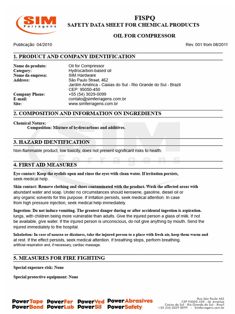 Compressor Oil Safety Data Sheet | PDF | Safety | Occupational Safety ...