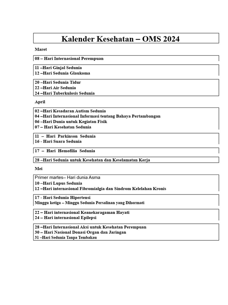 Kalender Kesehatan Kuartal 1 2024 | PDF