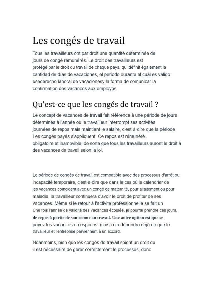 Congés de travail : droits et gestion | PDF | Congé annuel | Salaires