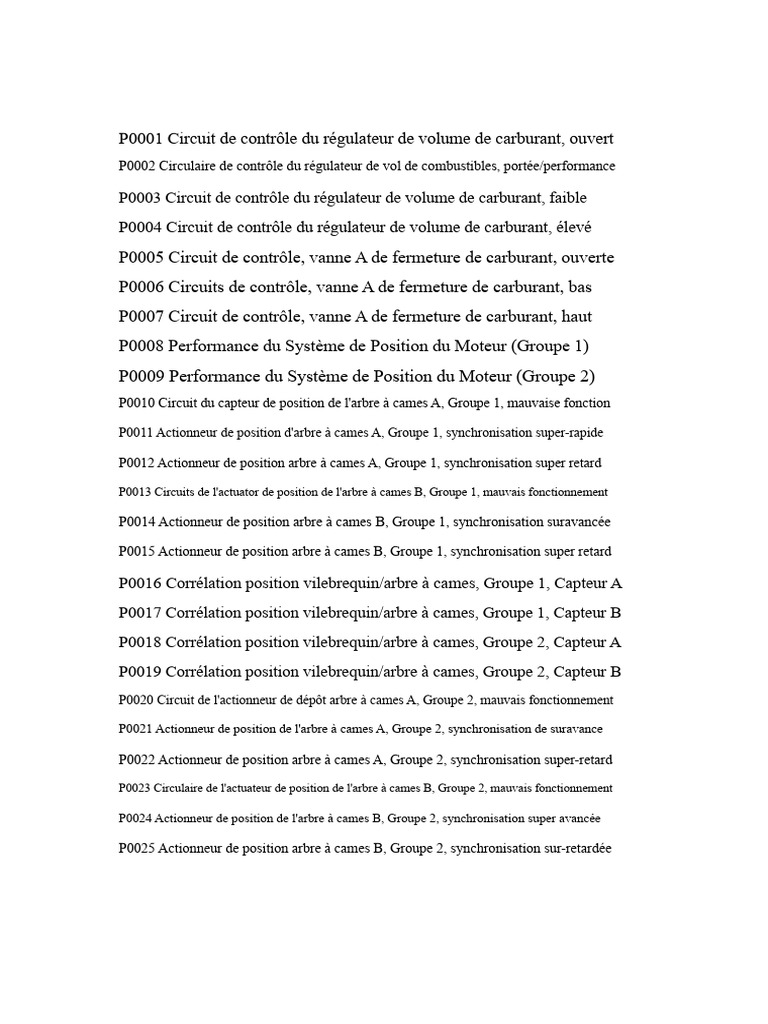 Codes de diagnostic moteur P0001 à P0126 | PDF | Turbocompresseur ...