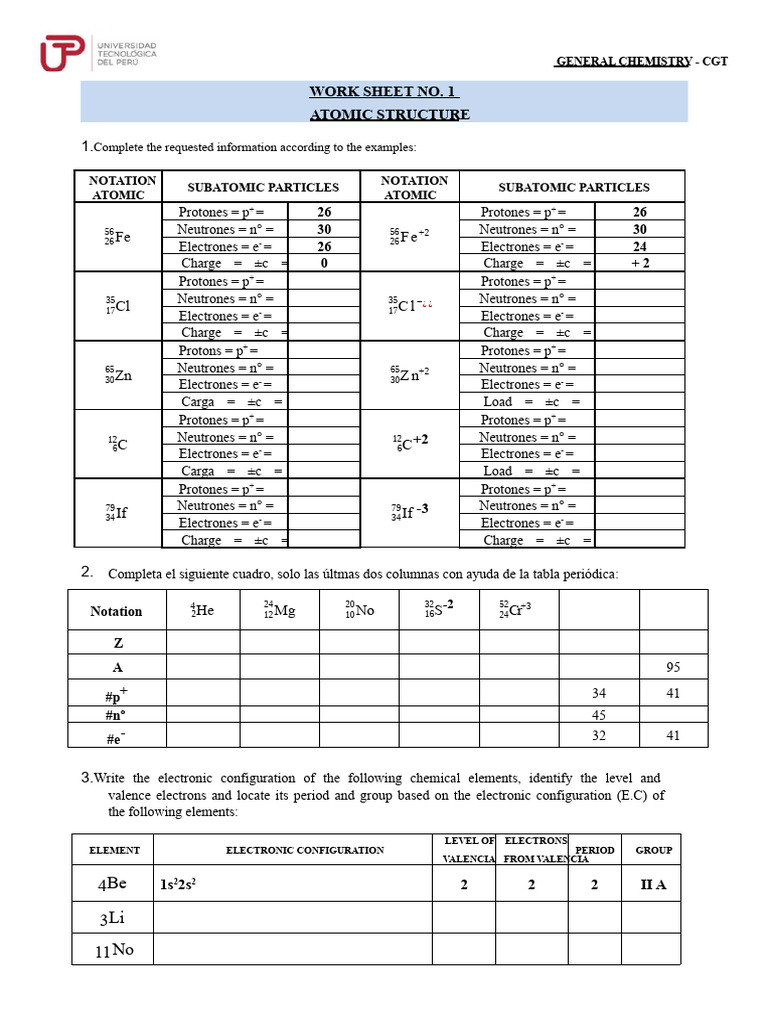 U1 - S1 - Worksheet 1-Structure of The Atom and Periodic Table | PDF ...