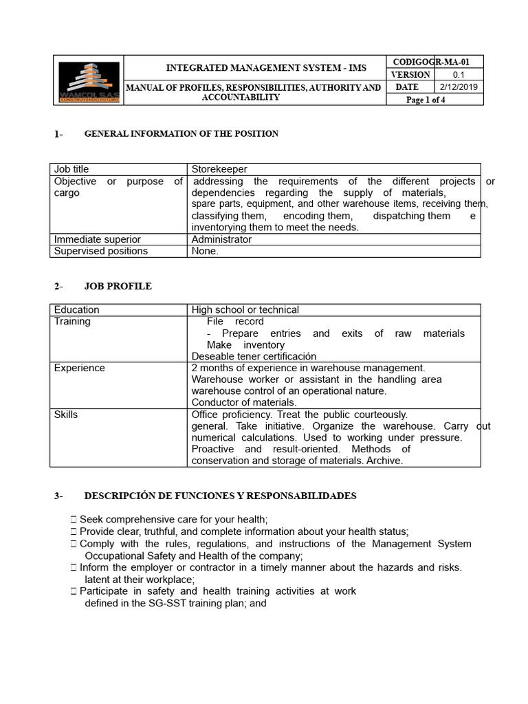 Storekeeper Job Profile and Responsibilities | PDF | Warehouse ...
