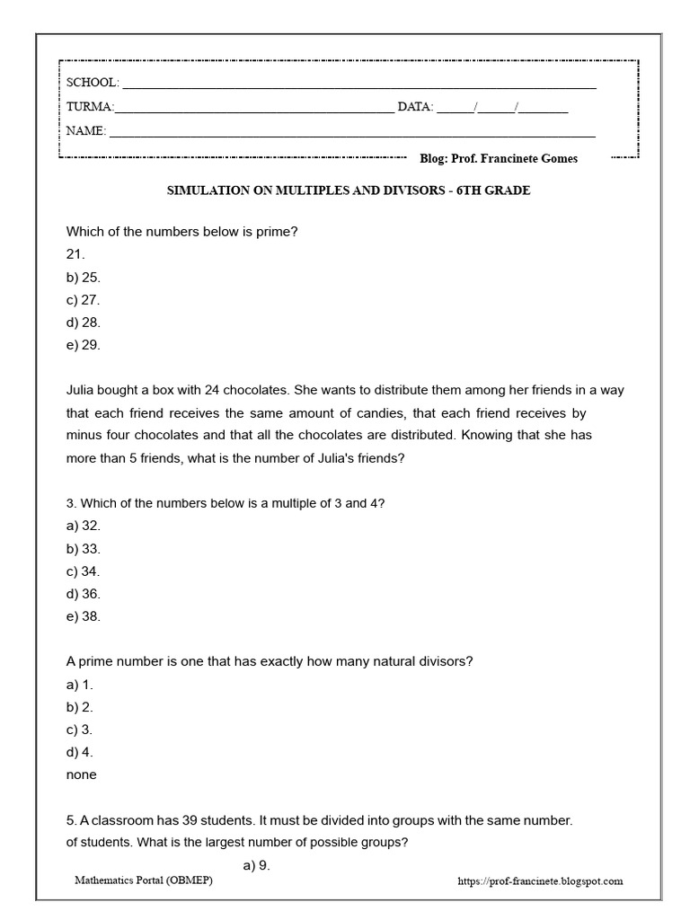 Simulated On Multiples and Divisors - 6TH Grade | PDF | Prime Number ...