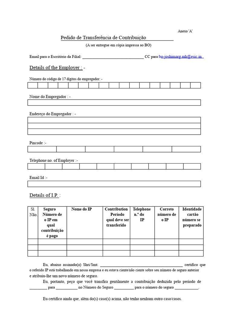 Pedido de Transferência de Contribuição ESIC | PDF | Endereço de IP