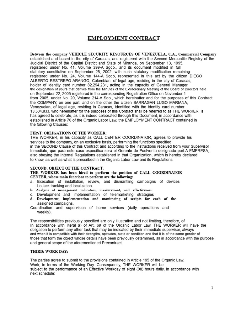 EMPLOYMENT CONTRACT Call Center Coordinator | PDF | Labour Law | Employment